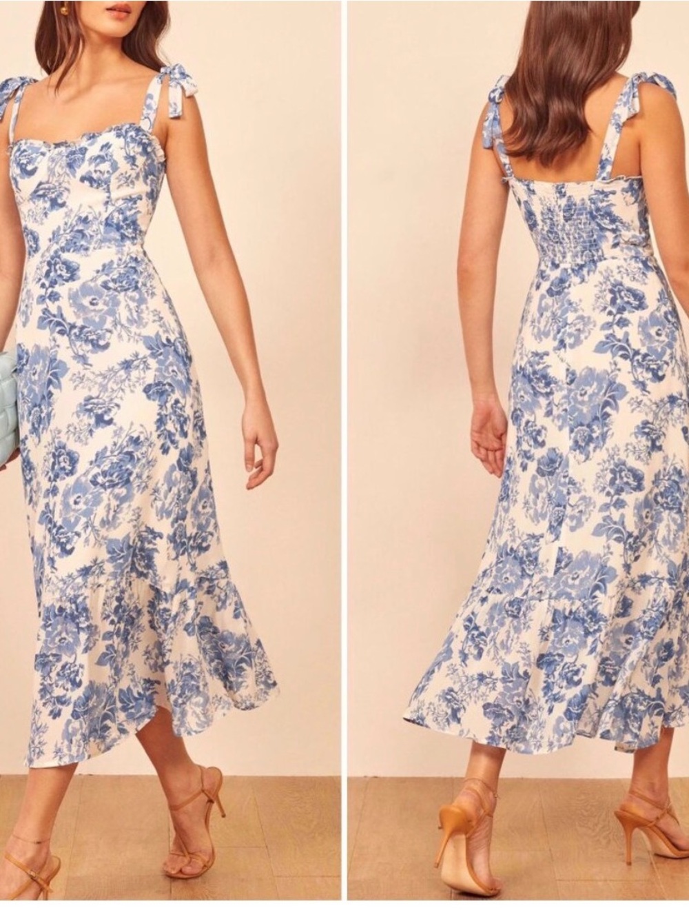 Reformation Blue Toile Floral Ruffle Midi Dress